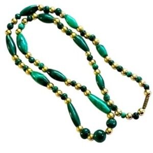 VTG Green Malachite Stone Beaded Necklace brass beads Natural Genuine Collar 23"